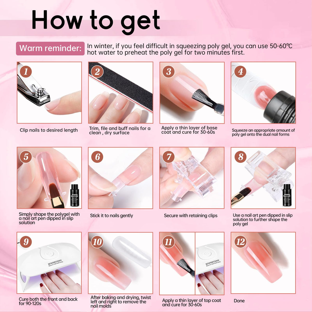 Variety of nail art designs created with JEWHITENY kit