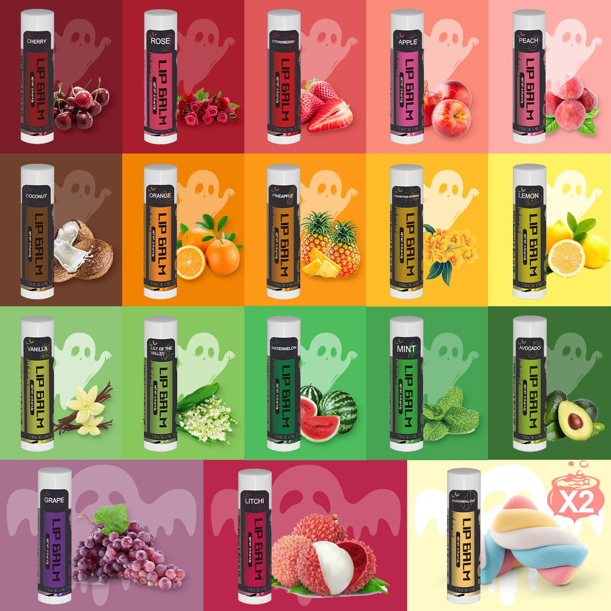 Variety of Yopela lip balms in festive Halloween packaging