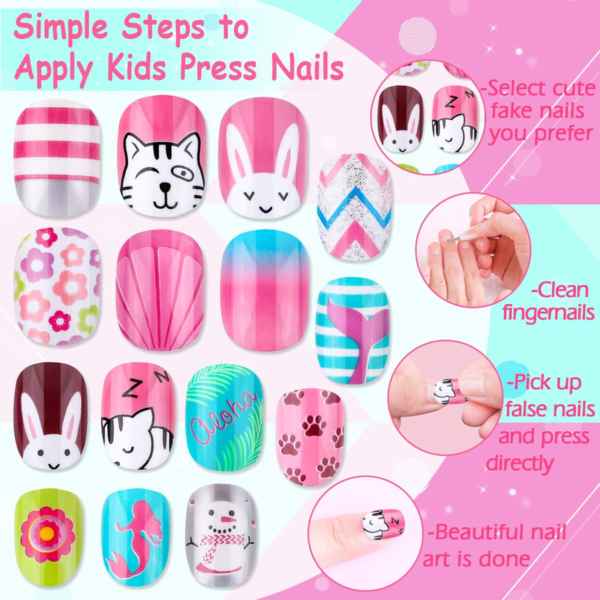 Various designs of Thrilez kids press on nails displayed