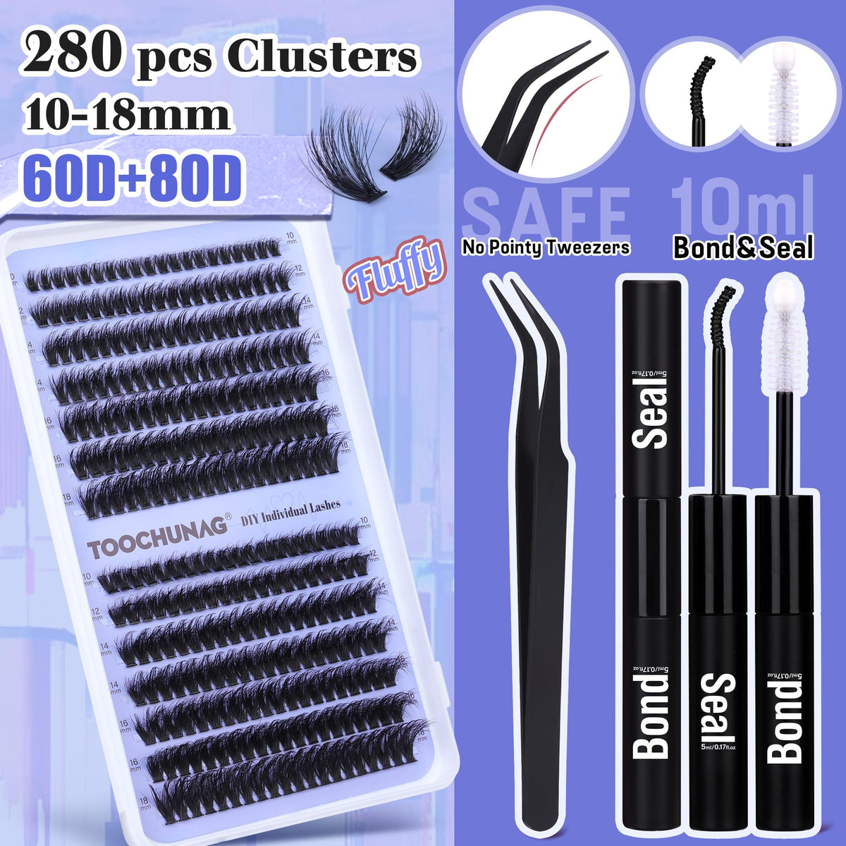 Various lengths of lash clusters in the TOOCHUNAG kit