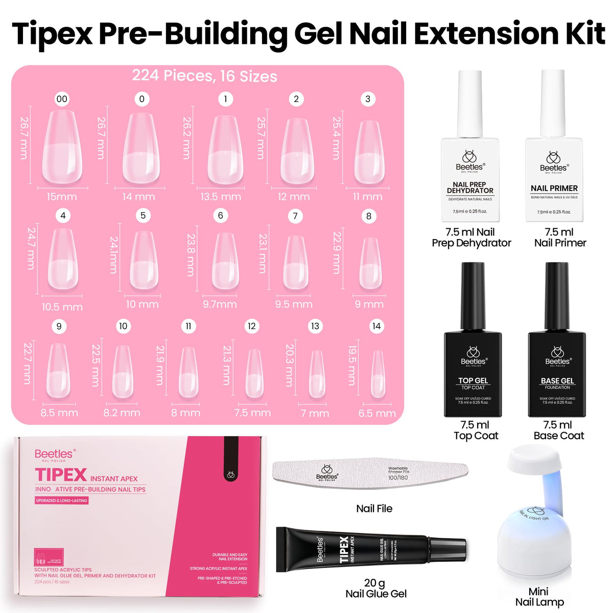 Various sizes of medium coffin nail tips in Beetles kit