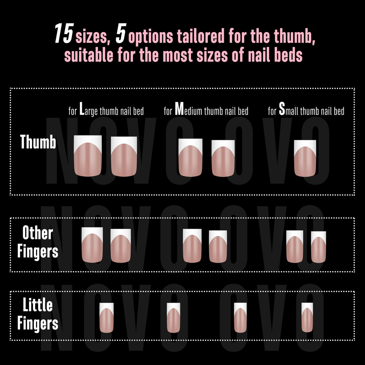 Various sizes of NOVO OVO Short Sharp Square French Tip Nail Tips displayed