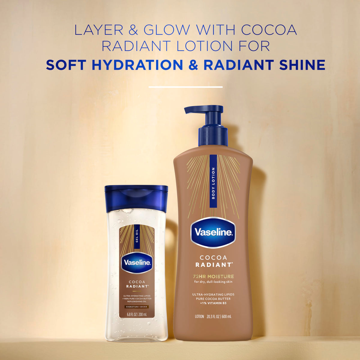 Vaseline Cocoa Radiant Body Gel Oil on a bathroom counter