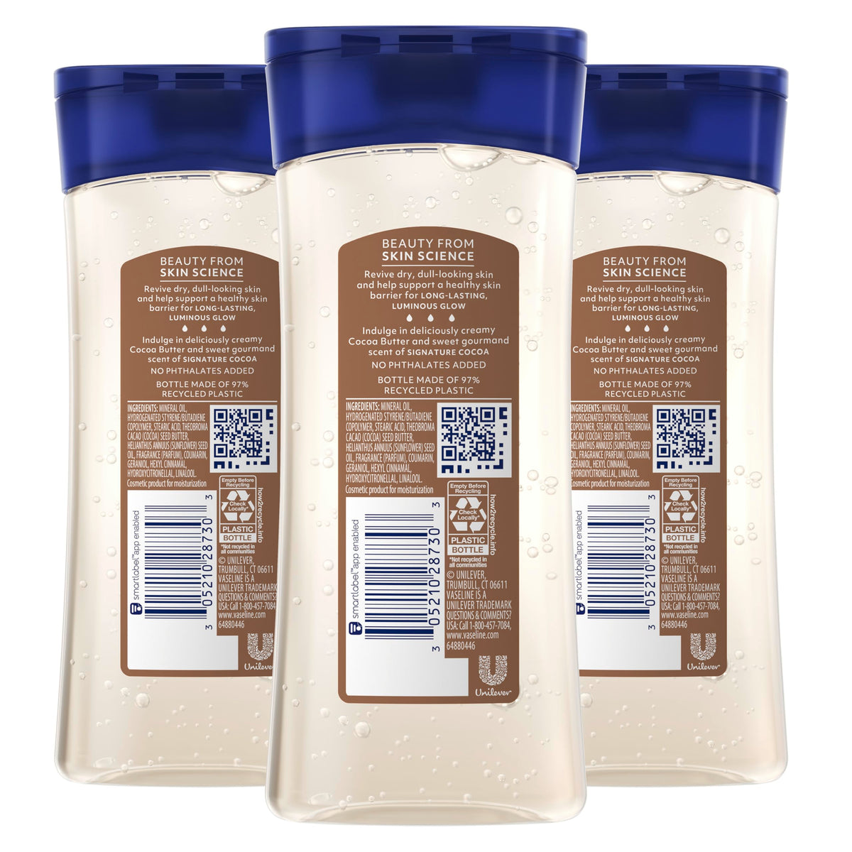 Vaseline Cocoa Radiant Body Gel Oil packaging with cocoa butter