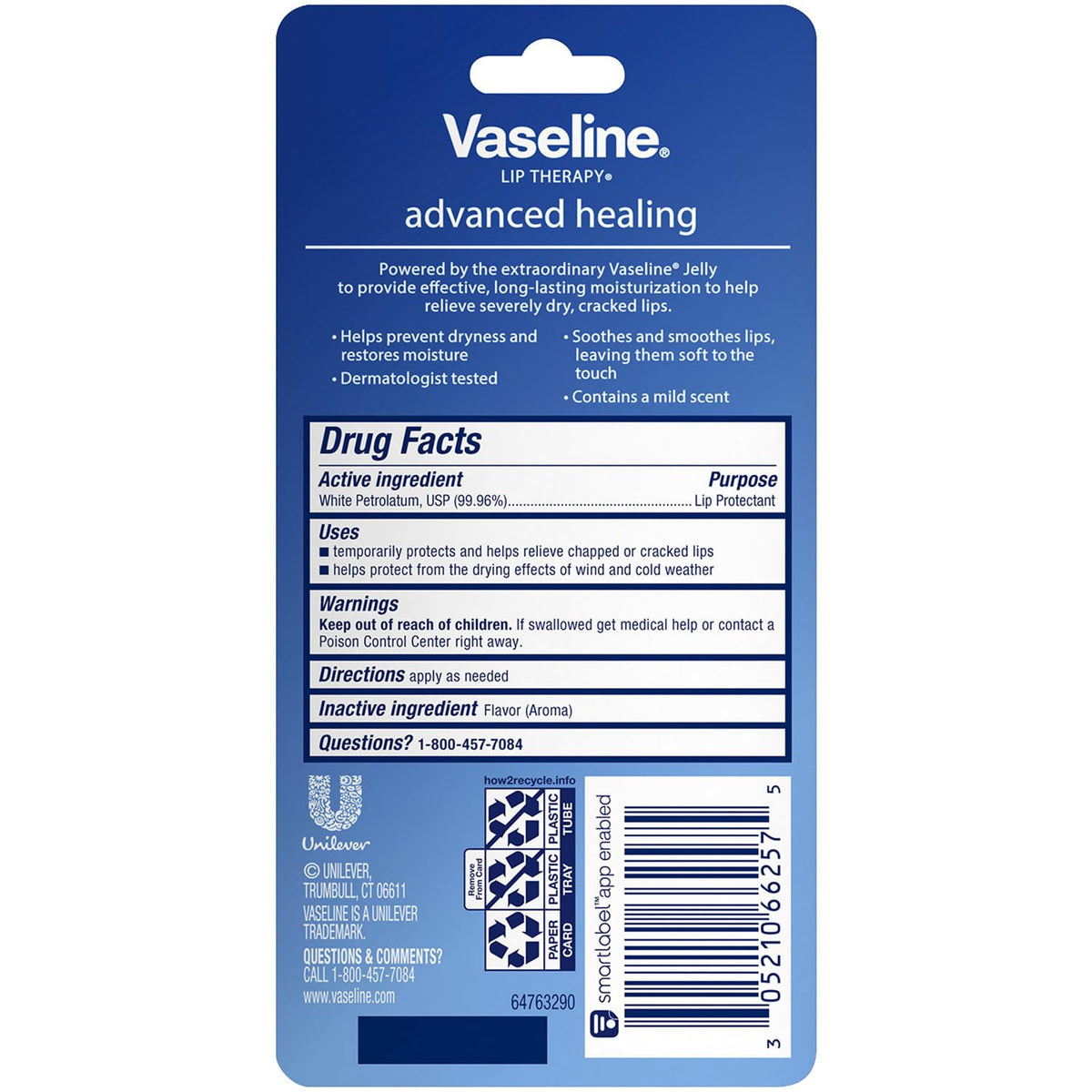 Vaseline Lip Therapy Advanced Formula tube, close-up of packaging