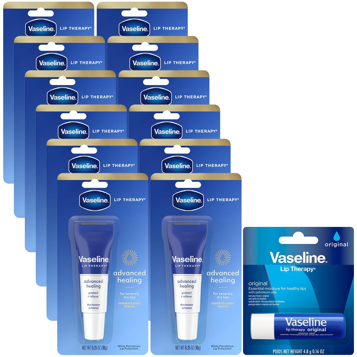 Vaseline Lip Therapy Advanced Healing Lip Balm 12-Pack with various tubes