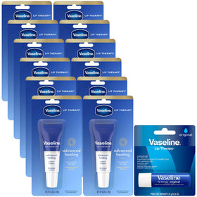 Vaseline Lip Therapy Advanced Healing Lip Balm 12-Pack with various tubes