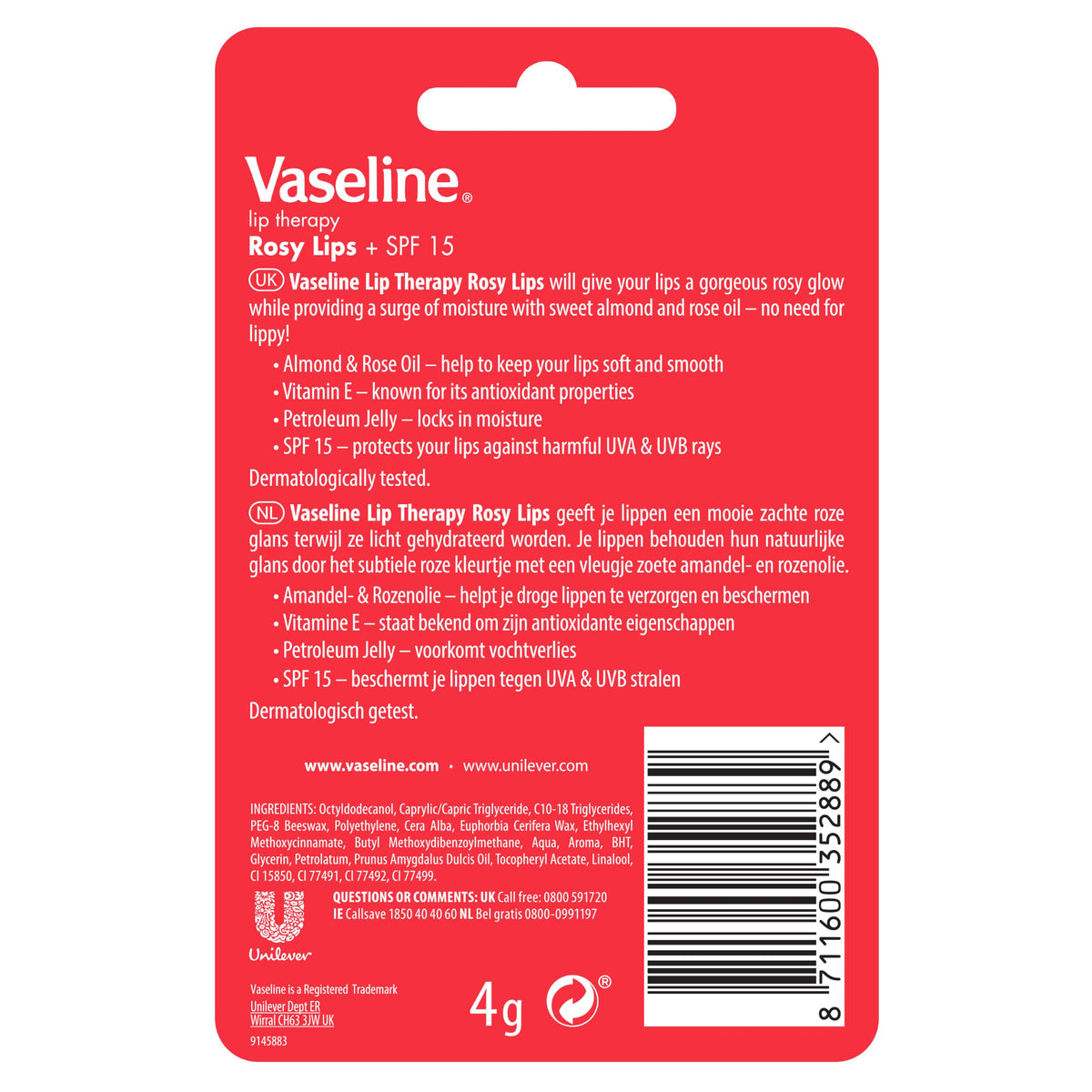 Vaseline Lip Therapy Rosy Lips stick close-up showing packaging