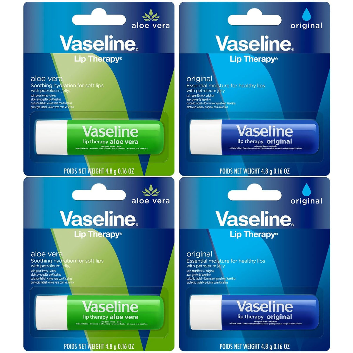 Vaseline Lip Therapy Variety 4-Pack with Original and Aloe Vera balms