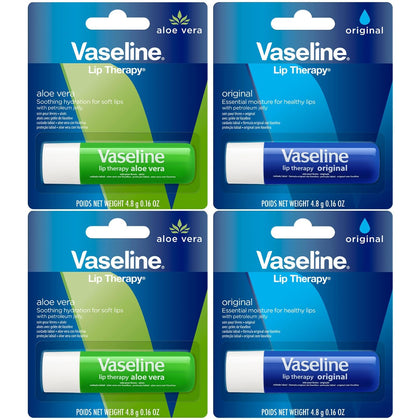 Vaseline Lip Therapy Variety 4-Pack with Original and Aloe Vera balms