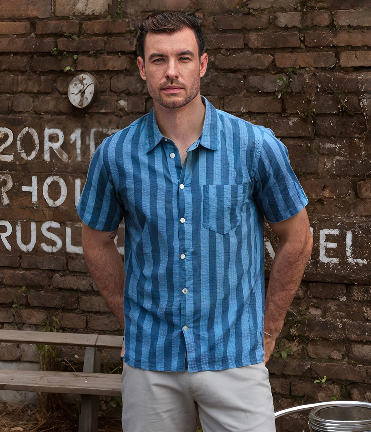 VATPAVE Mens Striped Shirt Aqua Blue Black back view
