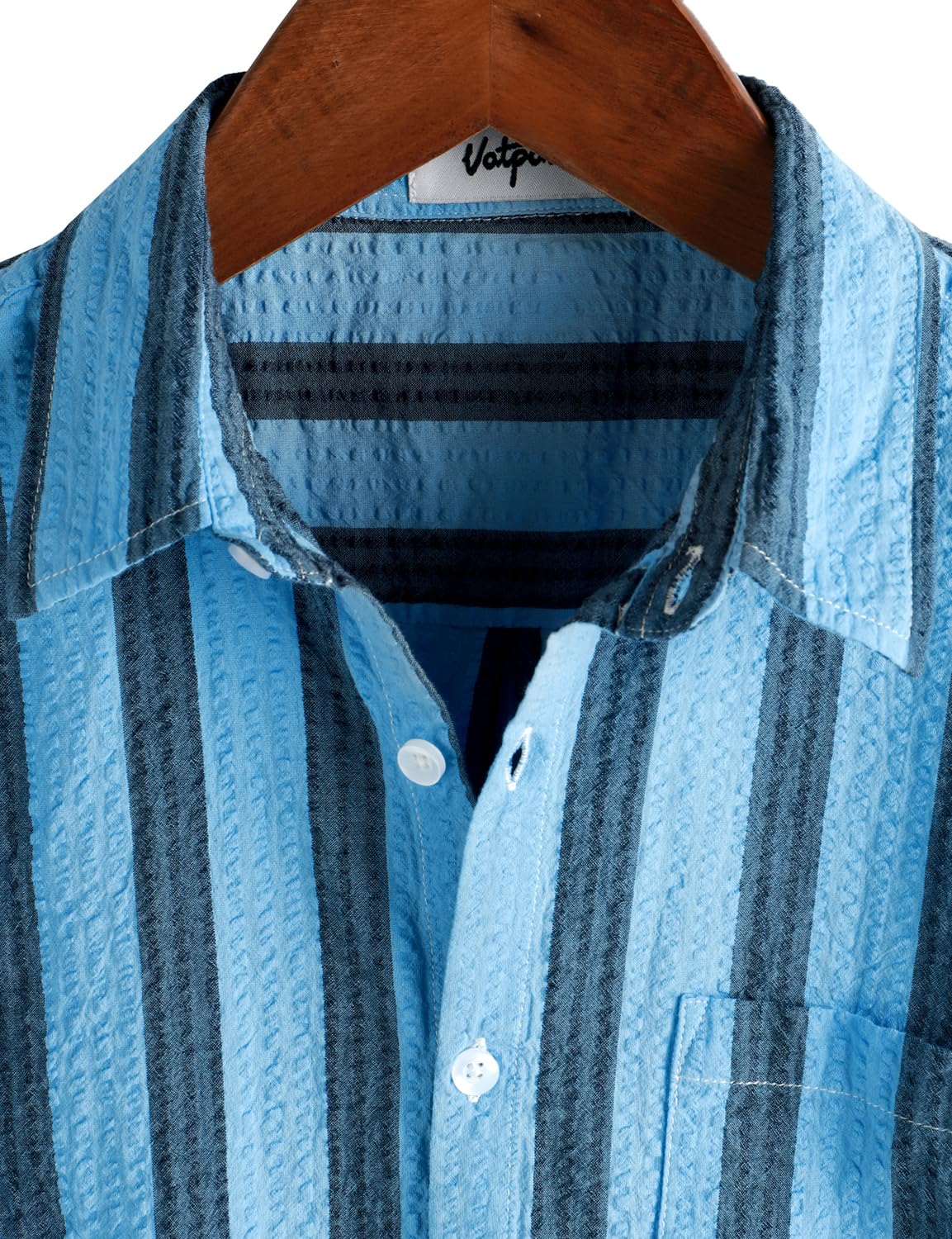 VATPAVE Mens Striped Shirt Aqua Blue Black close-up of fabric