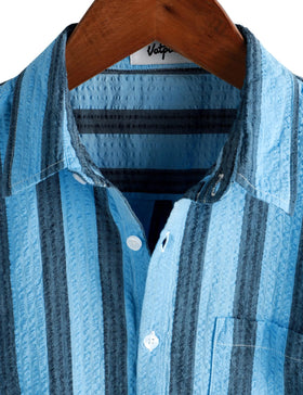 VATPAVE Mens Striped Shirt Aqua Blue Black close-up of fabric