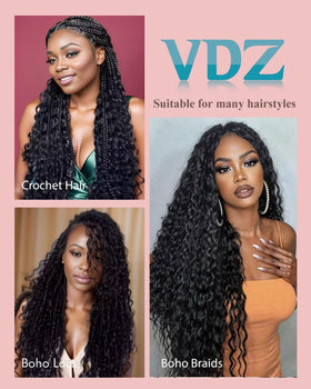 VDZ 16 Inch Human Crochet Hair Extensions displayed with styling tools