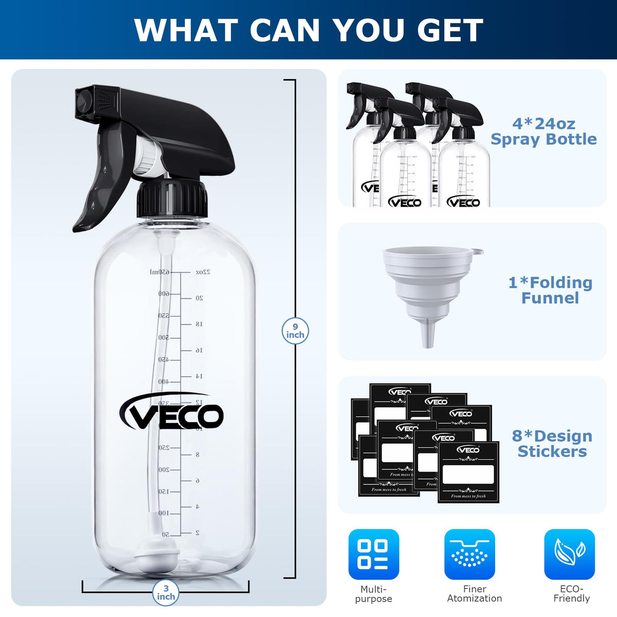 Veco 24oz graduated spray bottle filled with cleaning solution