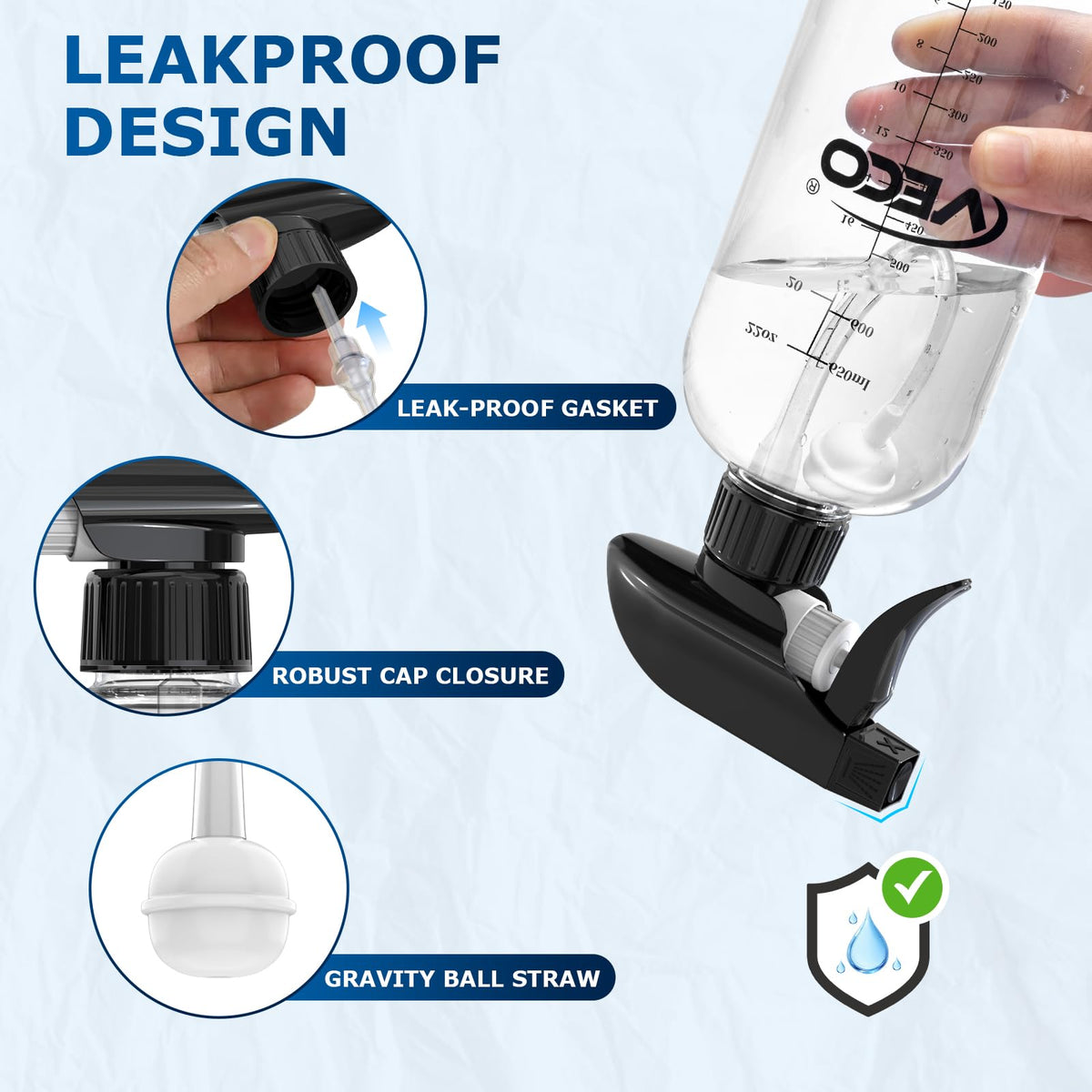 Veco 24oz graduated spray bottle in use for plant misting