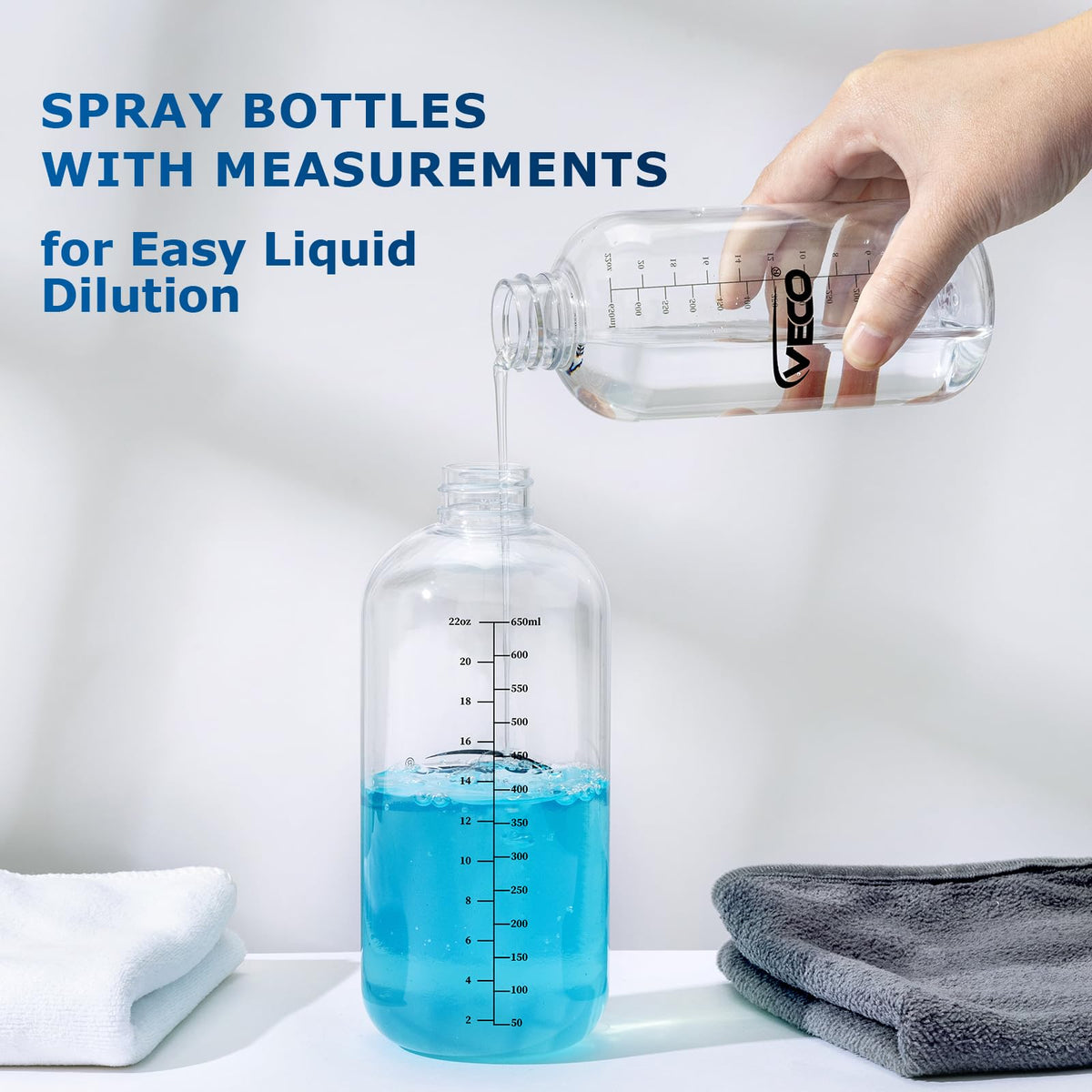 Veco 24oz graduated spray bottle showing 360° spray feature