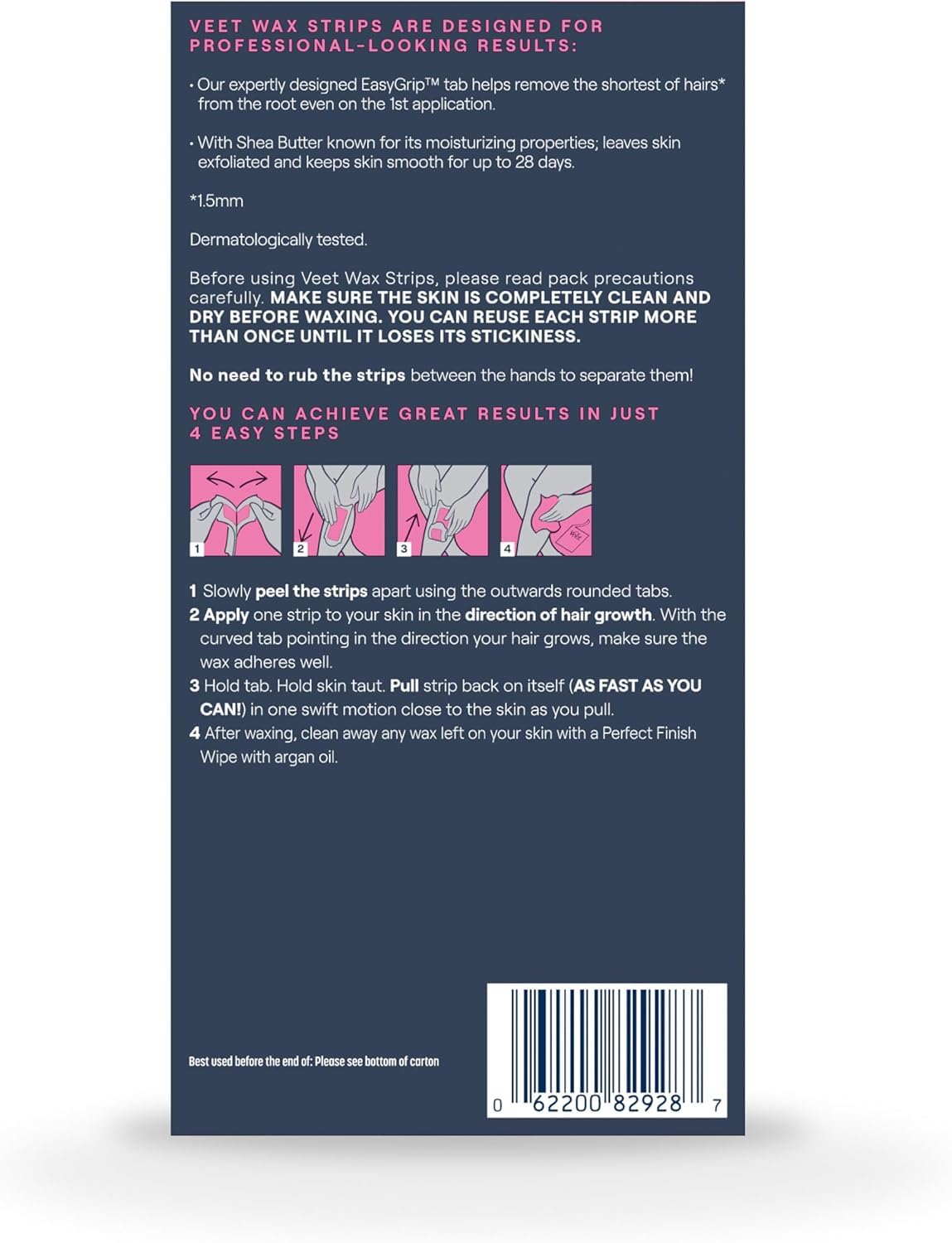 Veet Wax Strips in use for hair removal