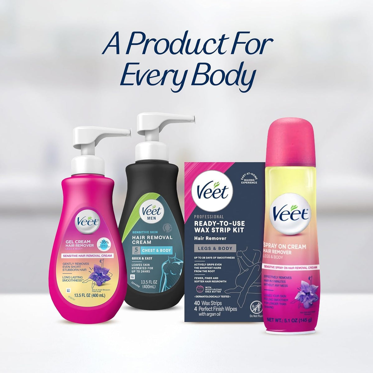 Veet waxing kit contents displayed neatly