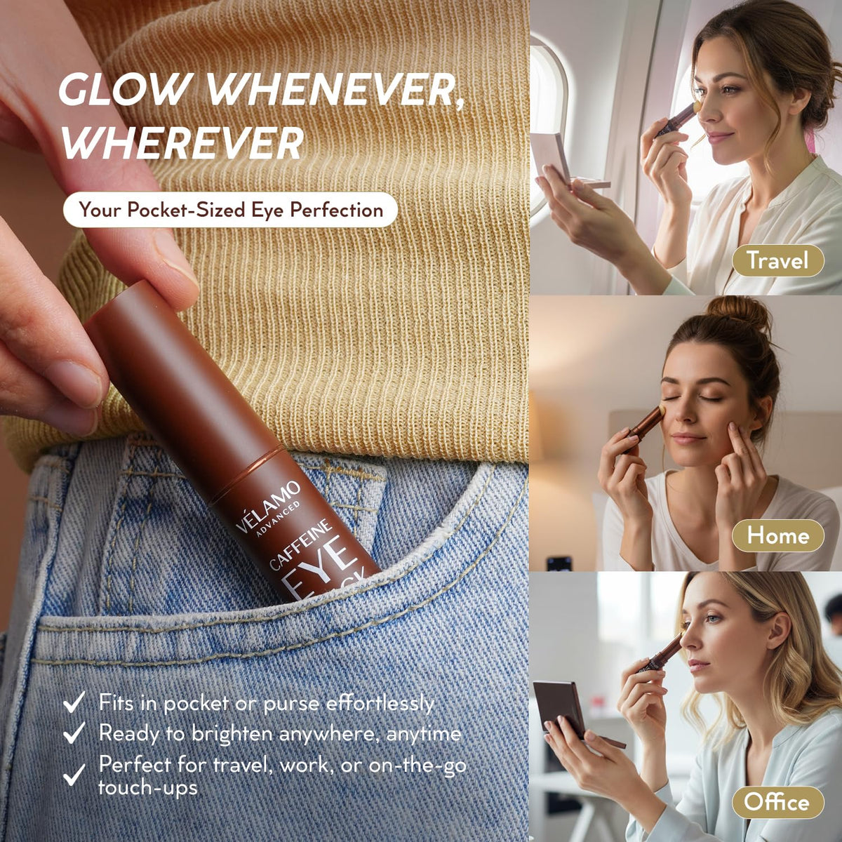 VELAMO ADVANCED Caffeine Eye Stick in travel pouch