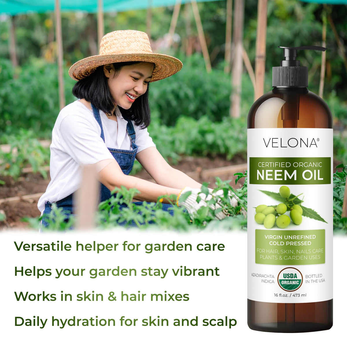 velona Organic Neem Oil bottle with ingredients list on the side