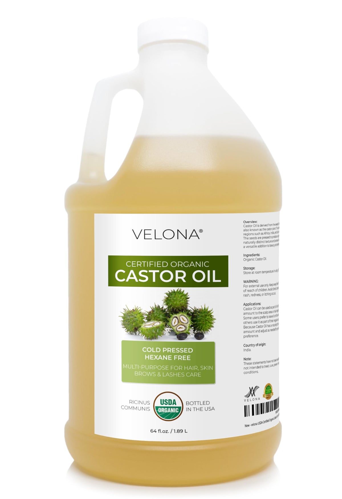 velona USDA Organic Castor Oil 64 fl oz bottle front view