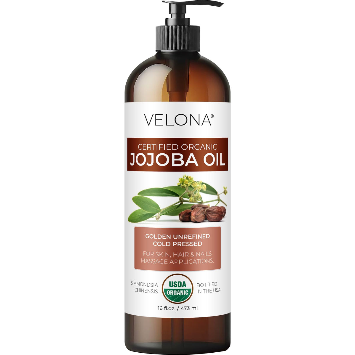 velona USDA Organic Jojoba Oil 16 fl oz front view with pump