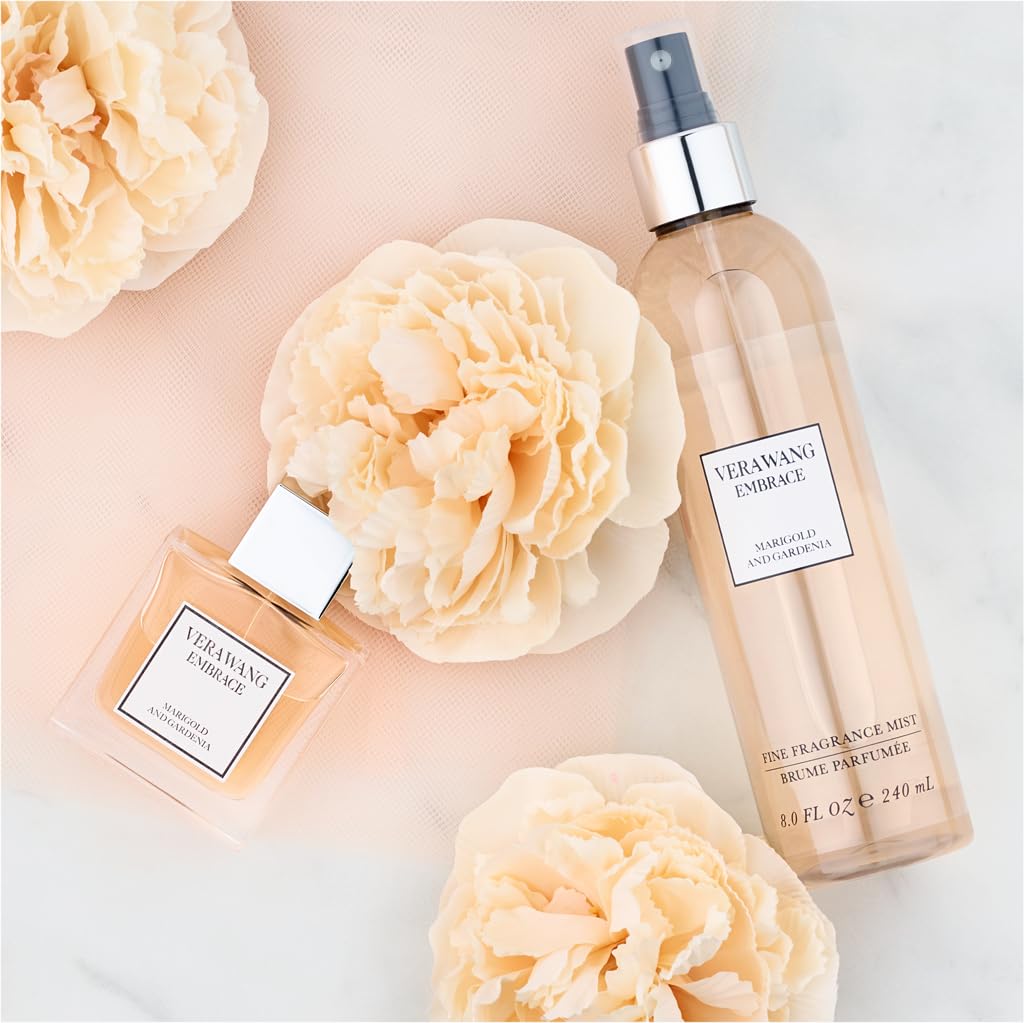 Vera Wang Embrace Marigold & Gardenia Body Mist with floral background