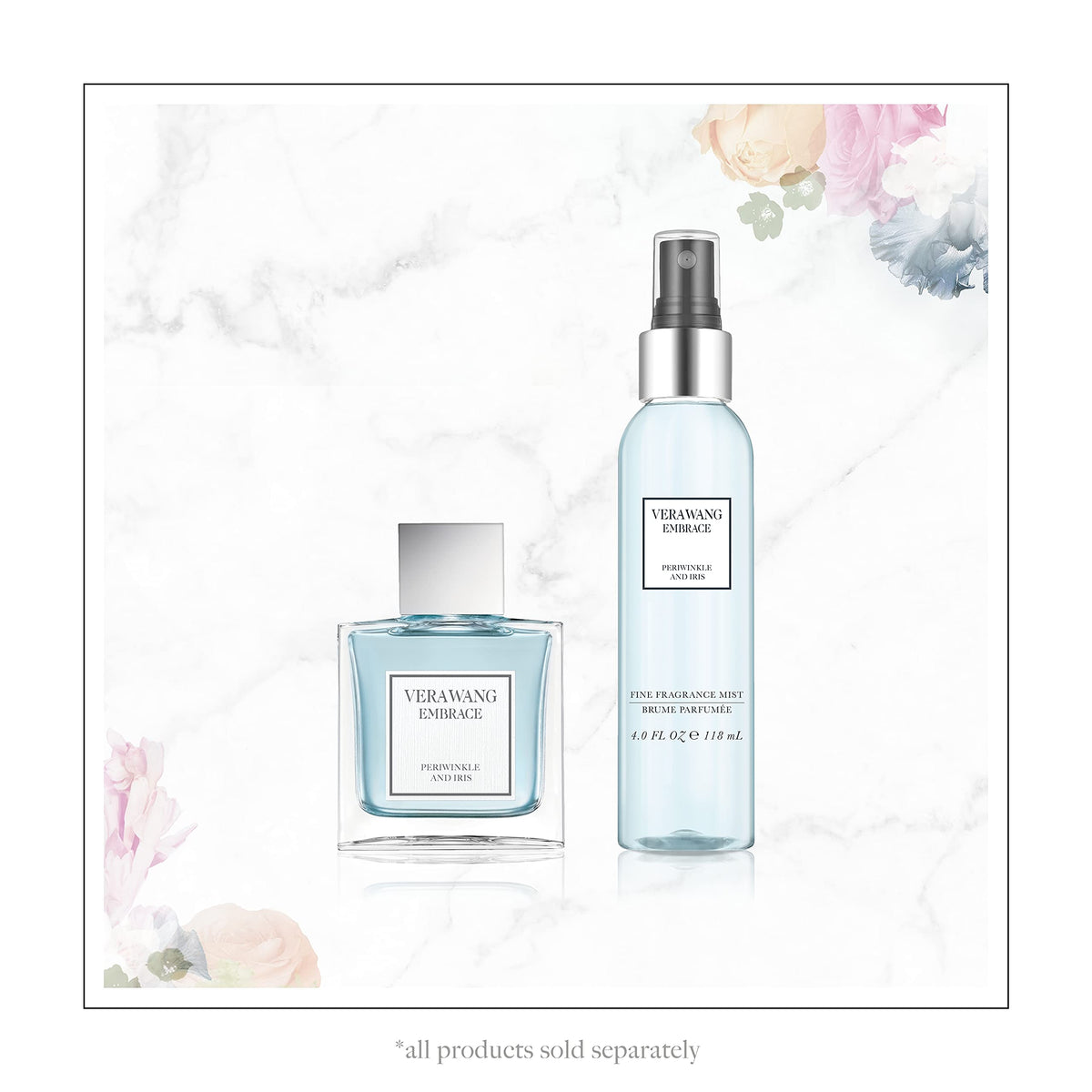 Vera Wang Embrace Periwinkle & Iris Body Mist bottle with floral background