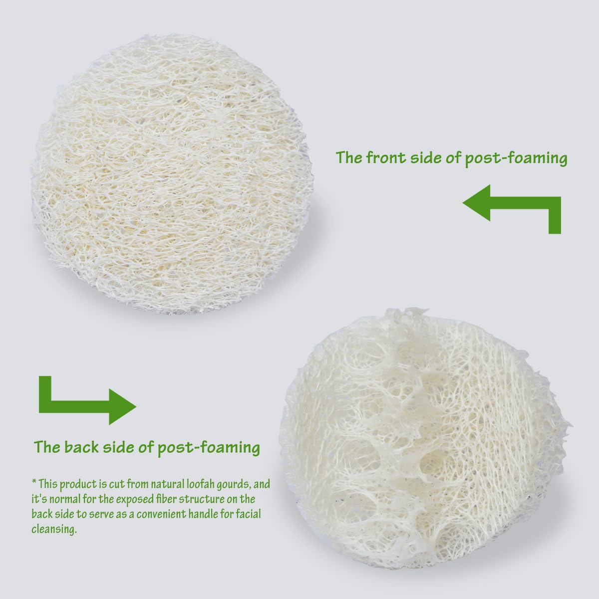 VeridianLife natural loofah pads arranged on a bathroom counter
