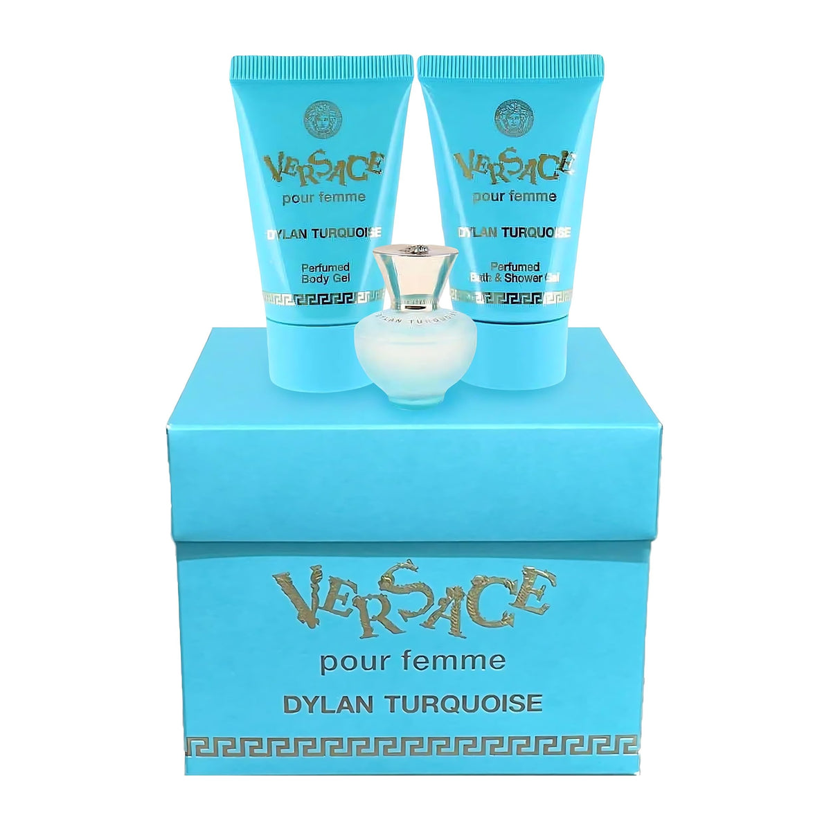 Versace Dylan Turquoise Mini Perfume Trio with floral background