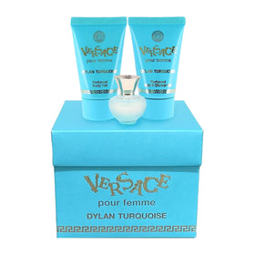 Versace Dylan Turquoise Mini Perfume Trio with floral background