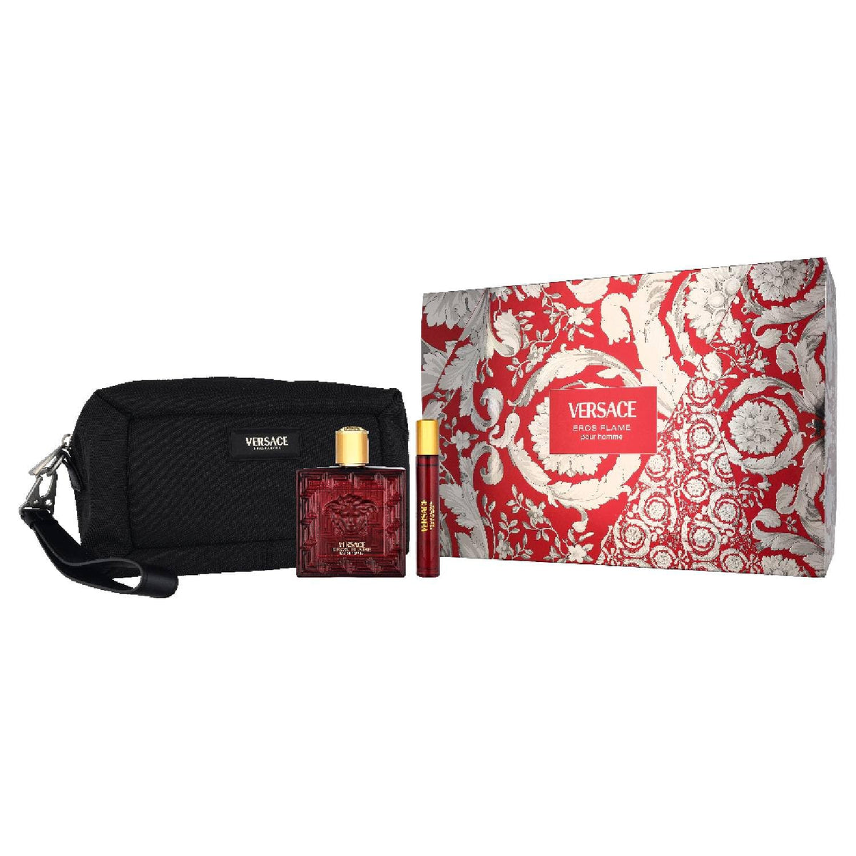 Versace Eros Flame 3.4 oz bottle on a wooden surface