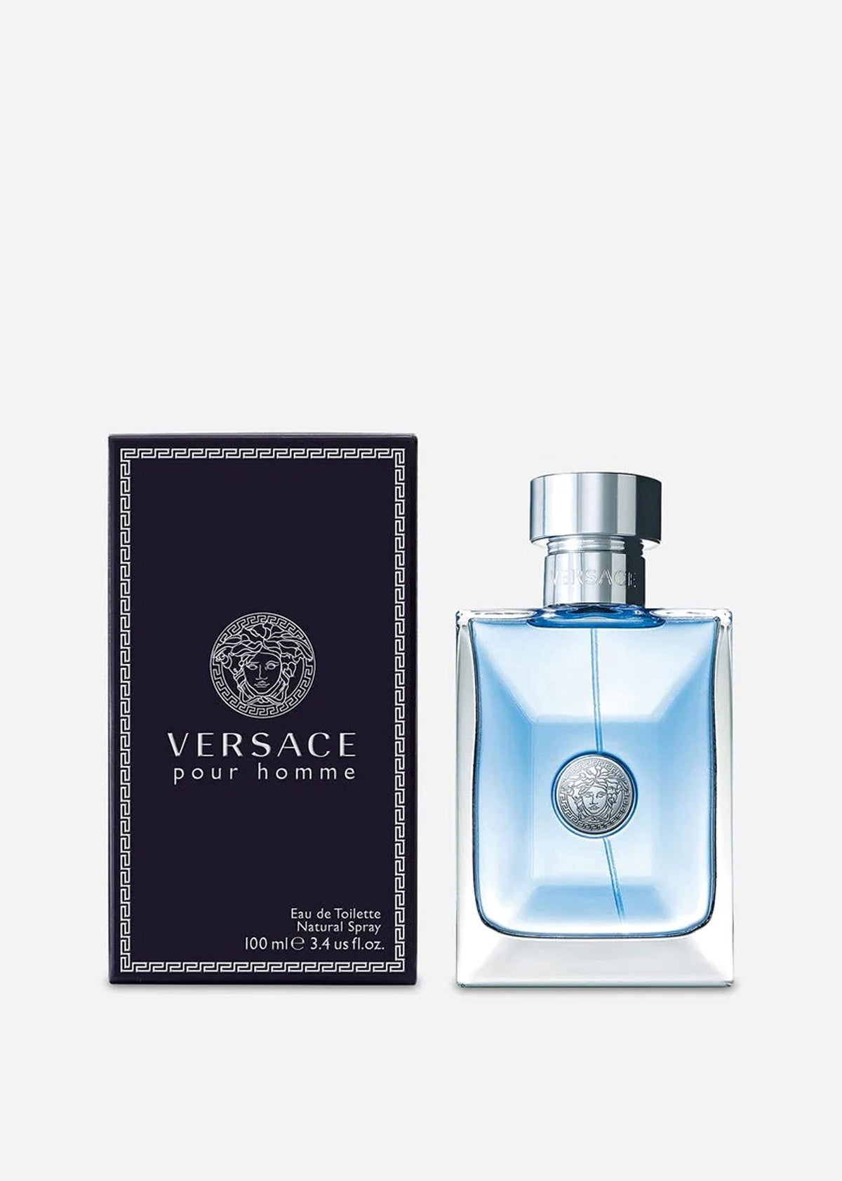 Versace Pour Homme Eau de Toilette Spray 3.4 oz bottle on a bathroom shelf