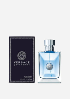 Versace Pour Homme Eau de Toilette Spray 3.4 oz bottle on a bathroom shelf