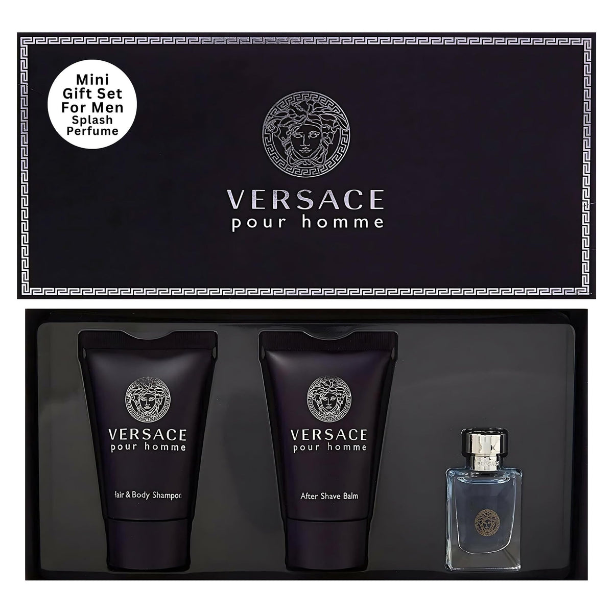 Versace Pour Homme Mini Gift Set front view with Eau de Toilette, Shampoo, and After Shave Balm