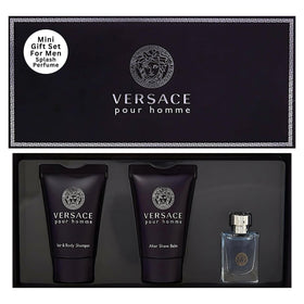 Versace Pour Homme Mini Gift Set front view with Eau de Toilette, Shampoo, and After Shave Balm