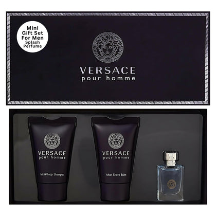 Versace Pour Homme Mini Gift Set front view with Eau de Toilette, Shampoo, and After Shave Balm