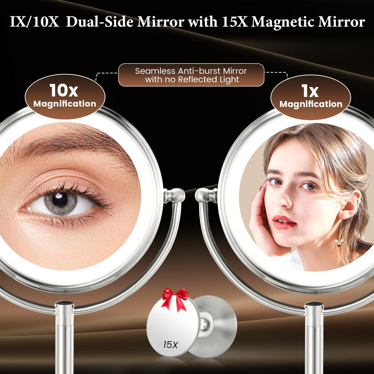 VESAUR lighted makeup mirror showing 1X and 10X magnification sides
