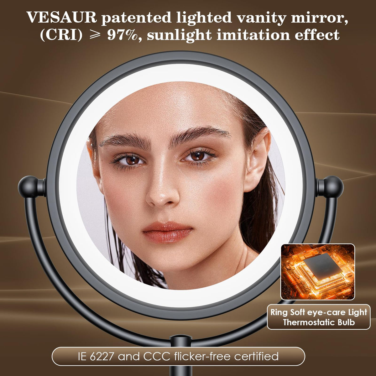 VESAUR lighted makeup mirror with black nickel finish side view