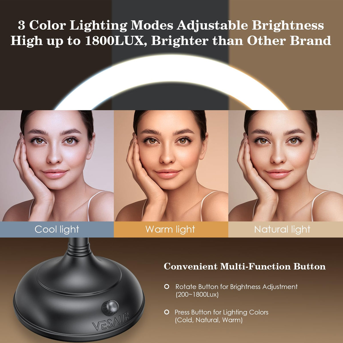 VESAUR makeup mirror featuring 3 color light settings