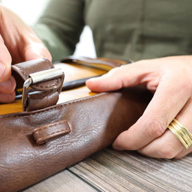 Vetelli Leather Toiletry Bag from the side showing zippers