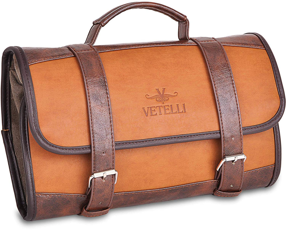 Vetelli Leather Toiletry Bag open view with 2 zippered pockets