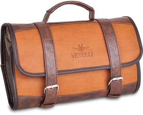 Vetelli Leather Toiletry Bag open view with 2 zippered pockets