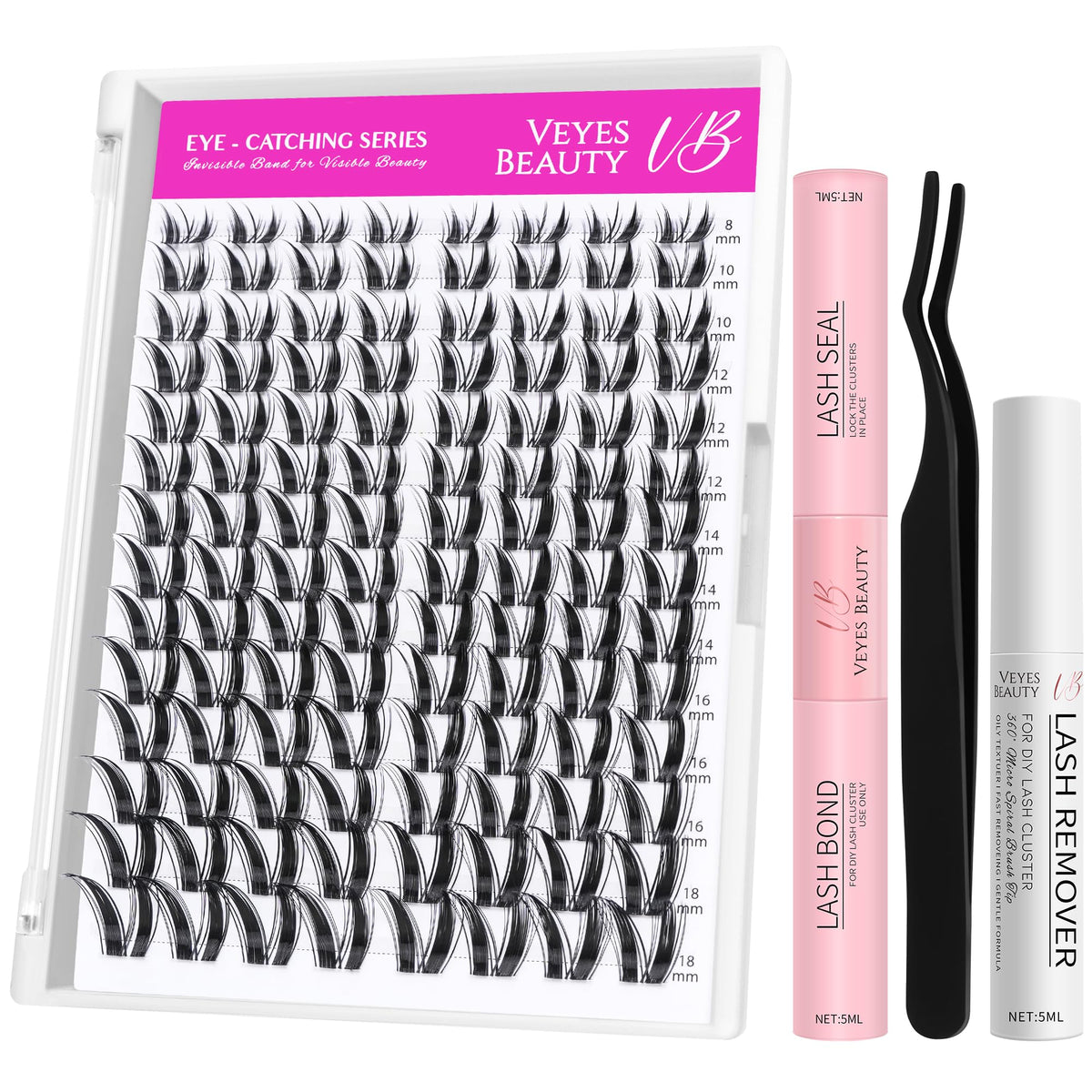 VEYESBEAUTY Bunny Eyelash Clusters Kit front view with mixed lengths