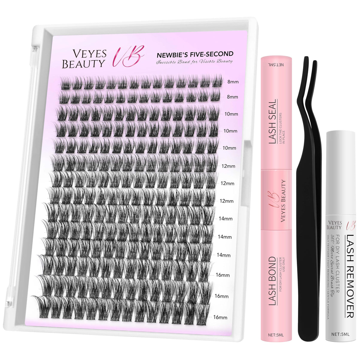 VEYESBEAUTY Dreamy Lash Clusters Kit front view with lash tray and tweezers