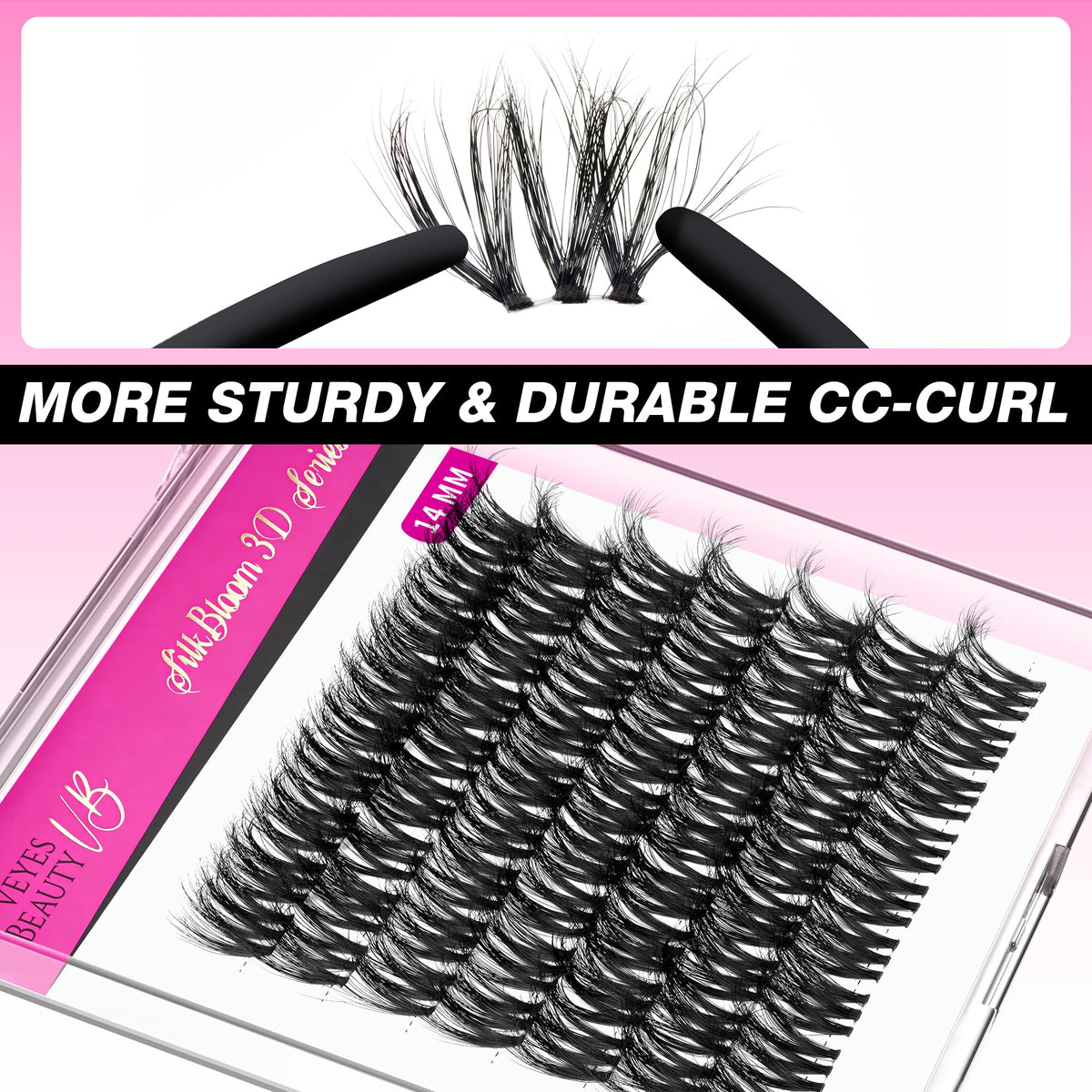 VEYESBEAUTY Lash Clusters 14mm displayed on a makeup table