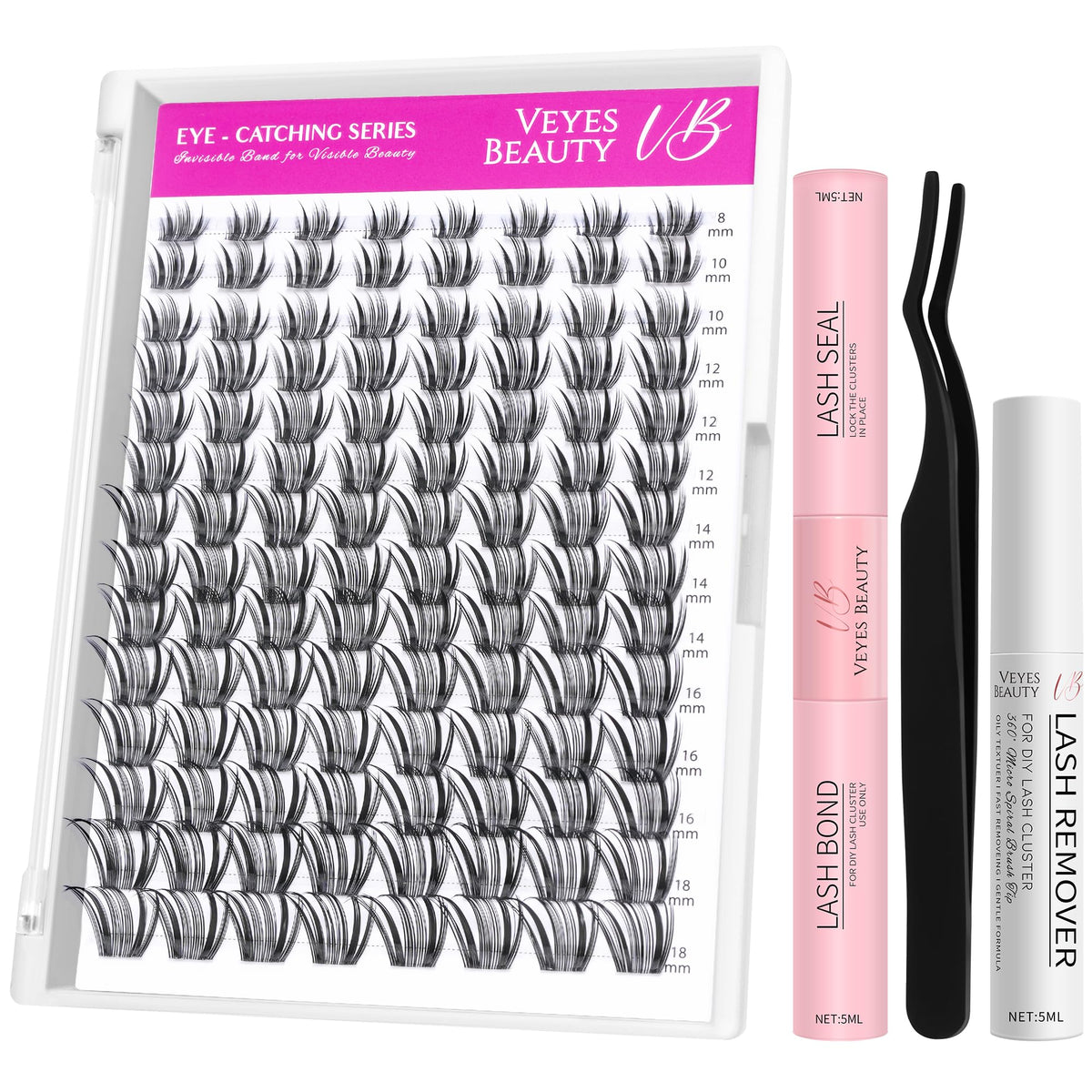 VEYESBEAUTY Lash Clusters Kit front view with mixed lengths