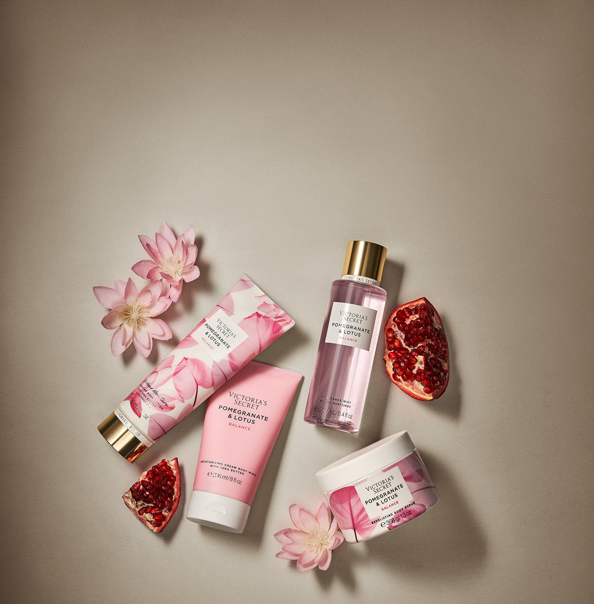 Victoria's Secret Body Lotion Pomegranate & Lotus on a bathroom counter