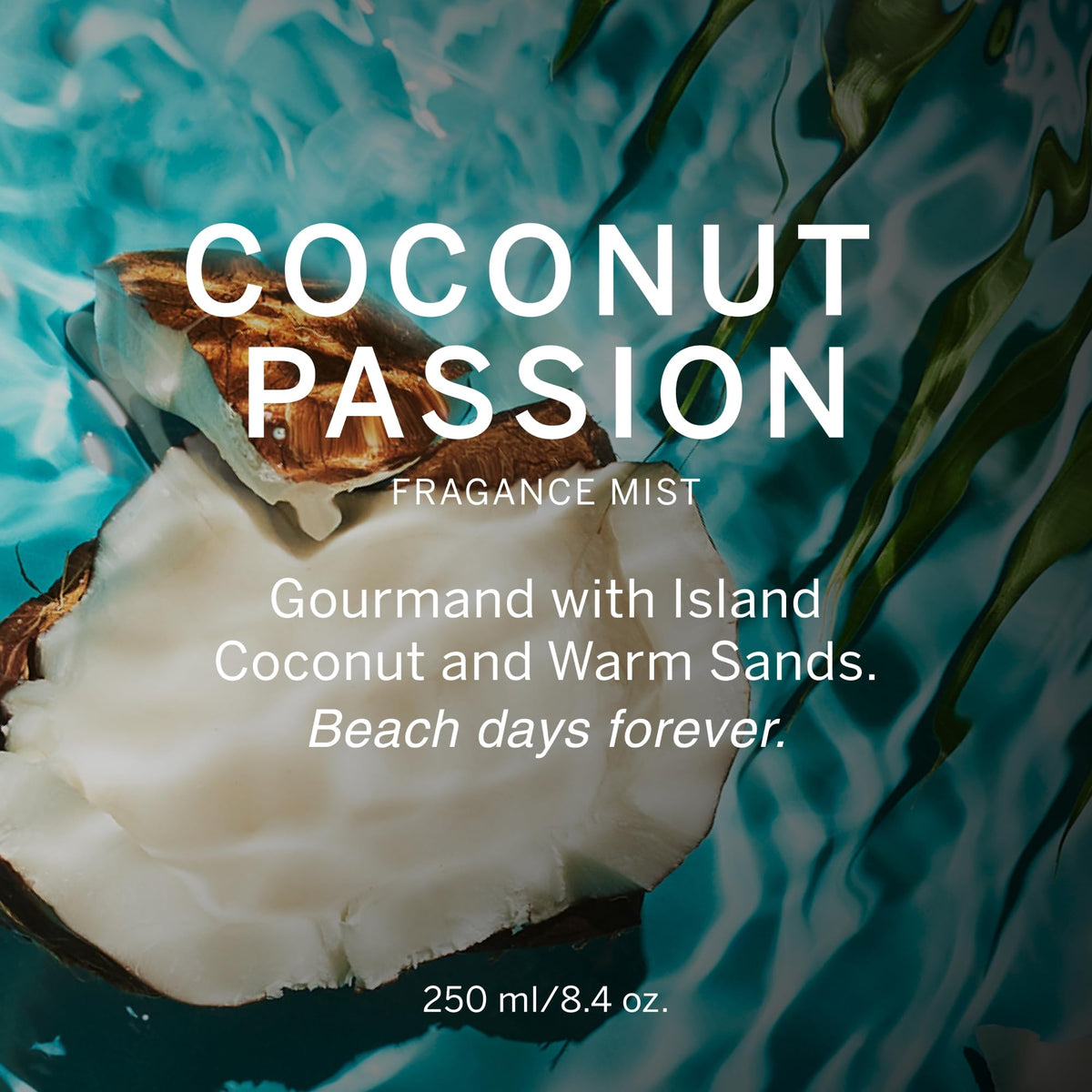 Victoria's Secret Coconut Passion Body Mist bottle with tropical background